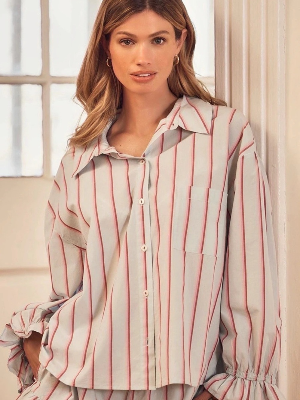 Anthropologie Striped Button-Front Top & Shorts Set in Seafoam & Pink